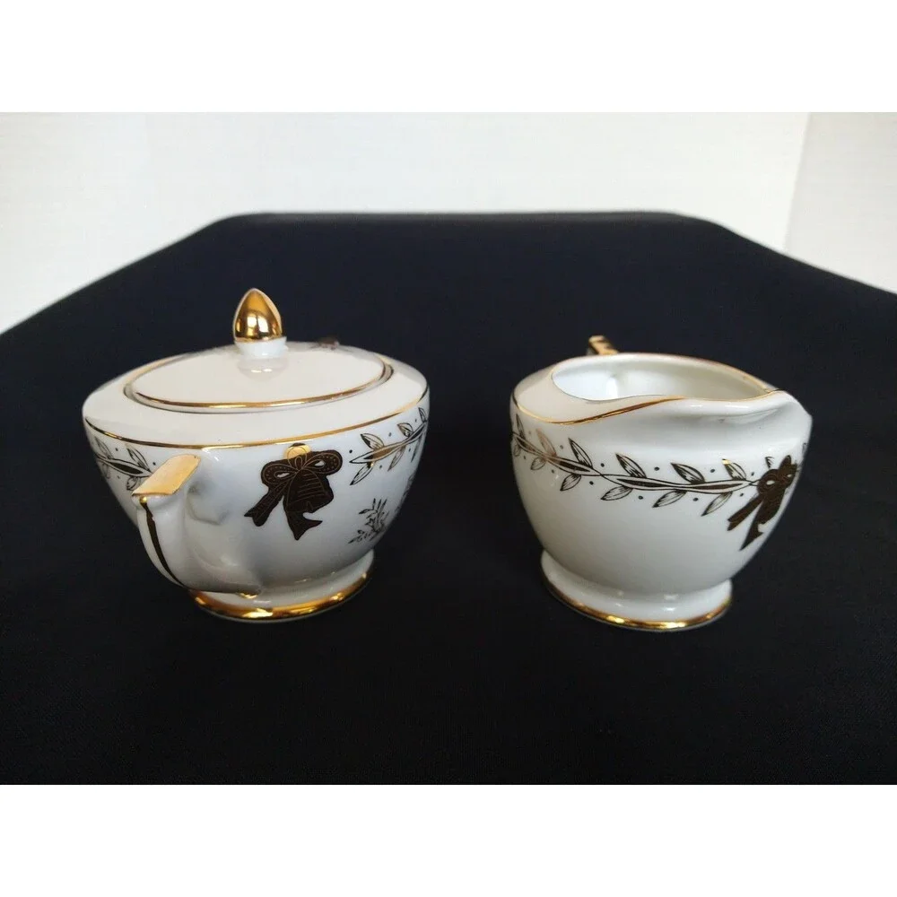 Vintage Lefton China Golden 50th Anniversary Gift Set Creamer & Sugar Bowl W/Lid